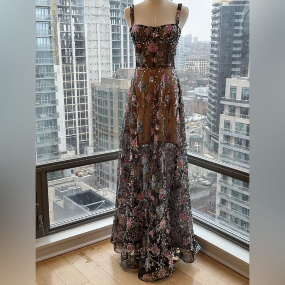 🆕 BRONX & BANCO 🧿 NWOT Midnight Embroidered Floral & Pearl Gown, Sz XS US 2 - Picture 4 of 15